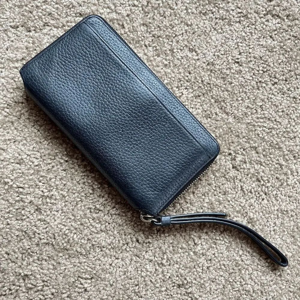 AllSaints Fetch Phone Wristlet Navy Leather Zip Wallet Pebbled Zip Around
